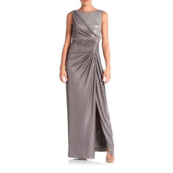 TADASHI SHOJI Sleeveless Jersey Stretch Sequin Dress Gown Draped Ruched SZ M - Picture 3 of 10